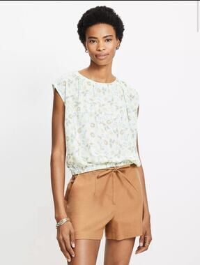 Loft Garden Bubble Hem Mixed Media Top Blue Green Floral Medium